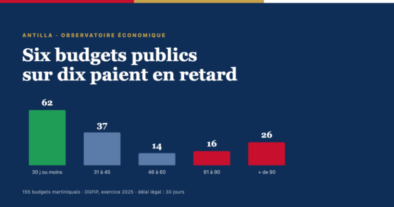 Payer en trente jours : six budgets publics martiniquais sur dix dépassent le délai légal Répartition des 155 budgets publics martiniquais selon leur délai de paiement en 2025